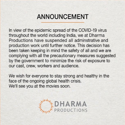 Due to the Coronavirus outbreak, Karan Johar officially announced the delay of work at his production house